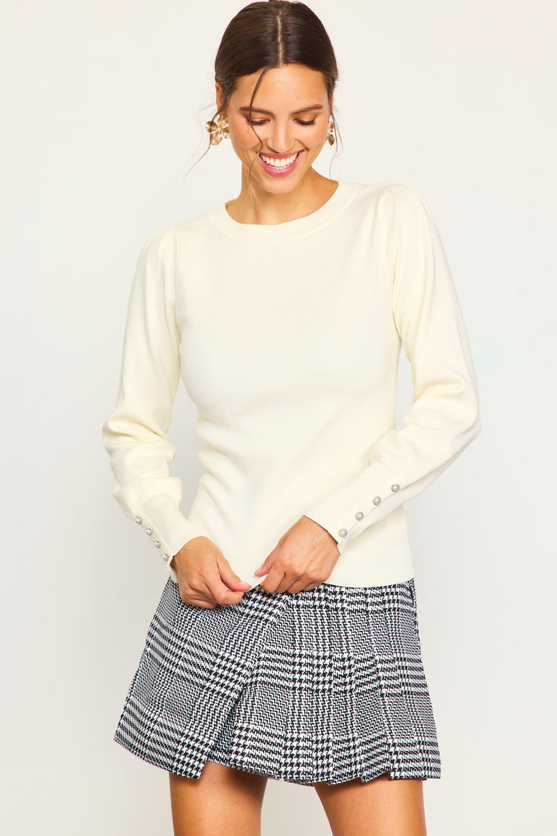 Jewel Button Long Sleeve Sweater in Off White