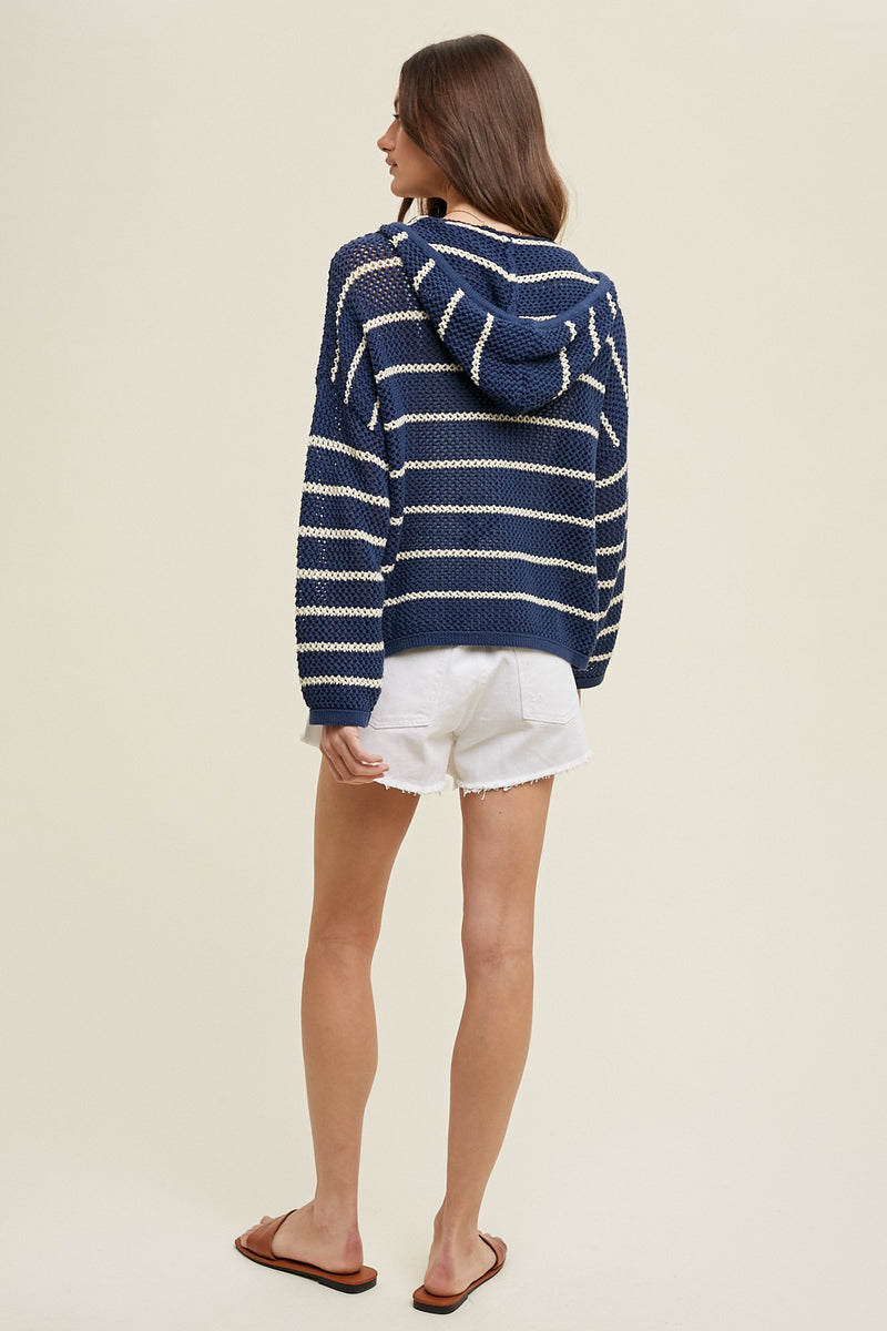 Navy Open Knit Hooded Sweater