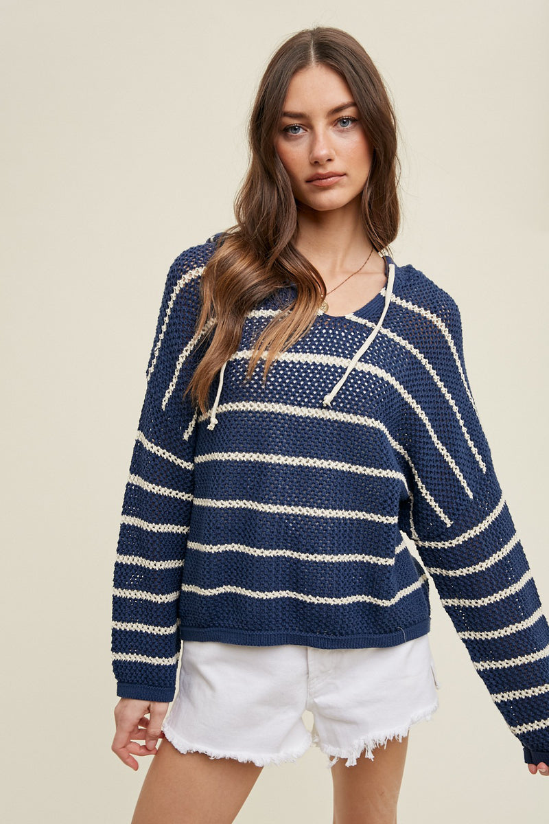 Navy Open Knit Hooded Sweater