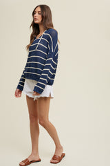 Navy Open Knit Hooded Sweater