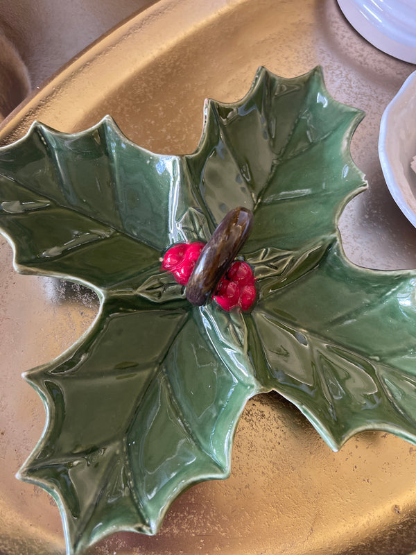 Ceramic Holly Leaf Dish - Green + Red