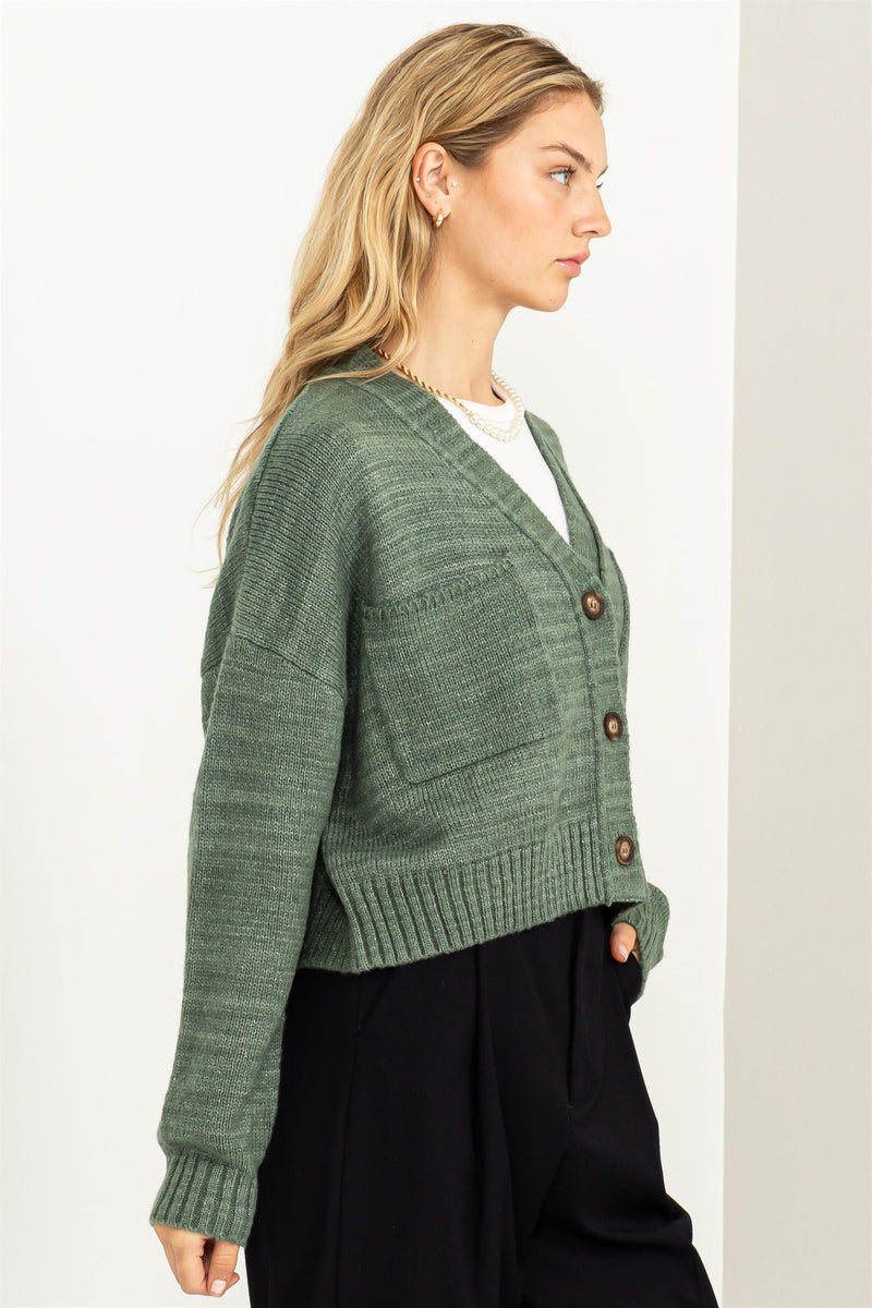 Avery Cropped Cardigan Sweater in Gray Green