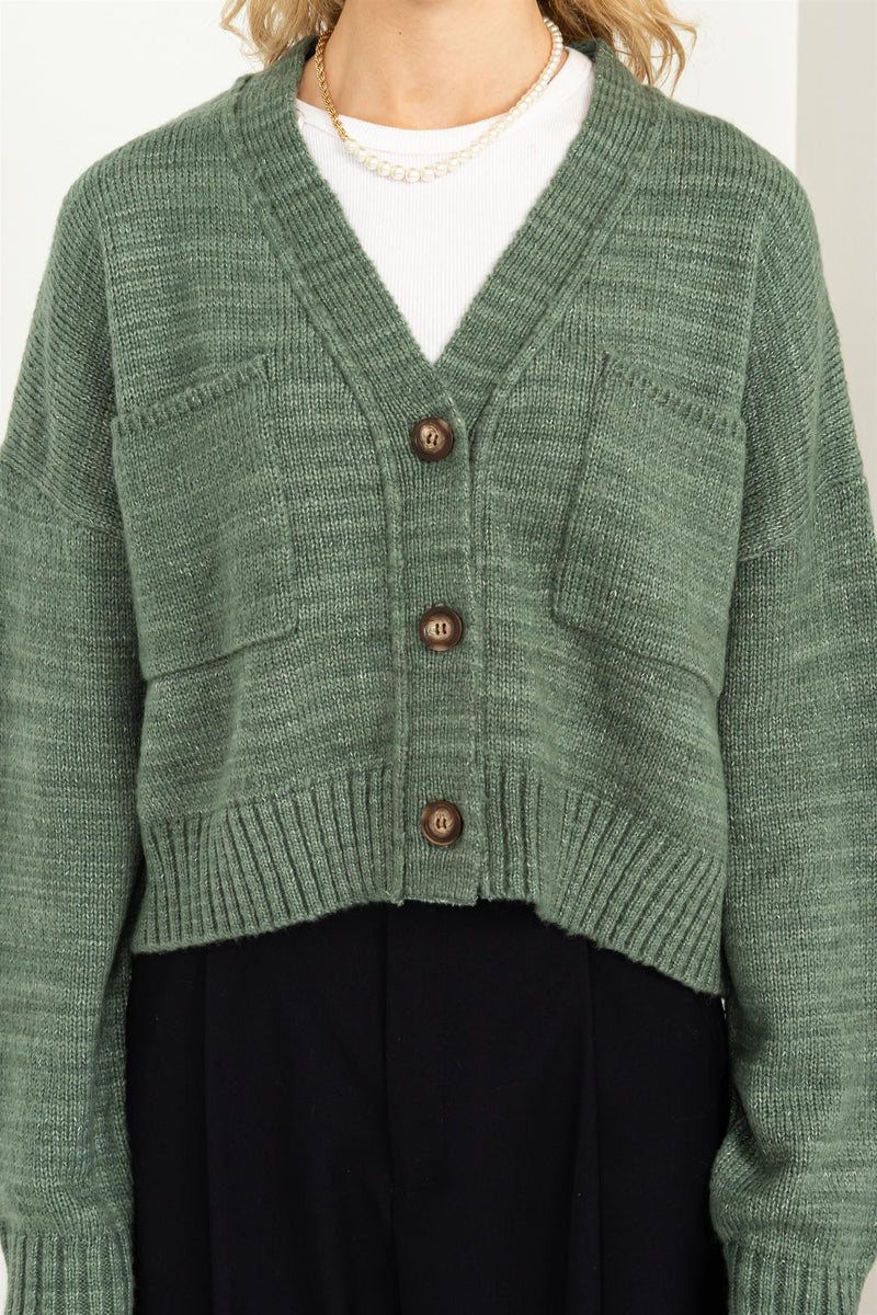 Avery Cropped Cardigan Sweater in Gray Green