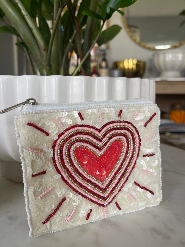 Pink + Red Heart Beaded Coin Bag