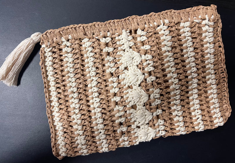 St. Barts Woven Tan + Cream Clutch