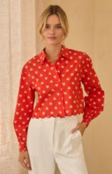 Red Poplin Hearts Scalloped Button Up