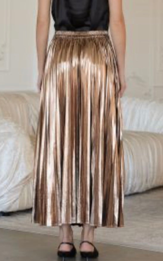 Metallic Bronze Pleated Maxi Skirt