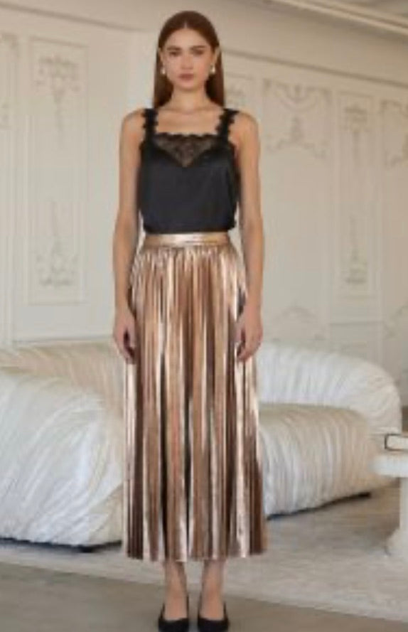 Metallic Bronze Pleated Maxi Skirt