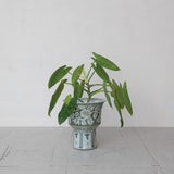 Green + White Hand Painted Stoneware Footed Planter