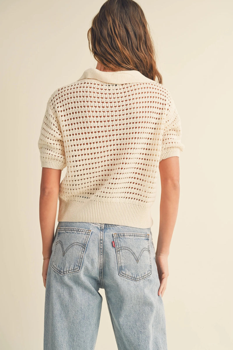 Marlow Crochet Knit Collard Top - Cream