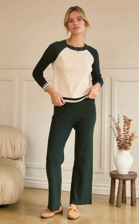 Ribbed Hunter Green + Cream Sweater