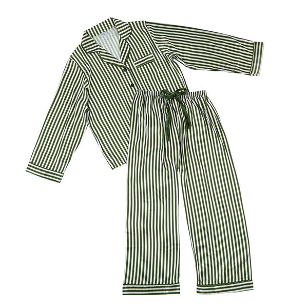 White + Green Striped Silky PJ Set