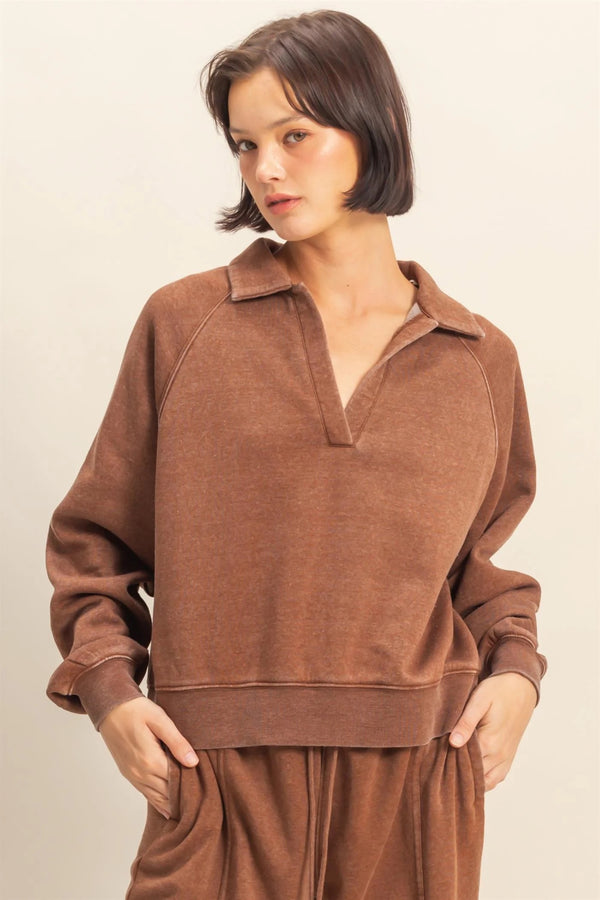 Chocolate Brown V-Neck Collard Sweater