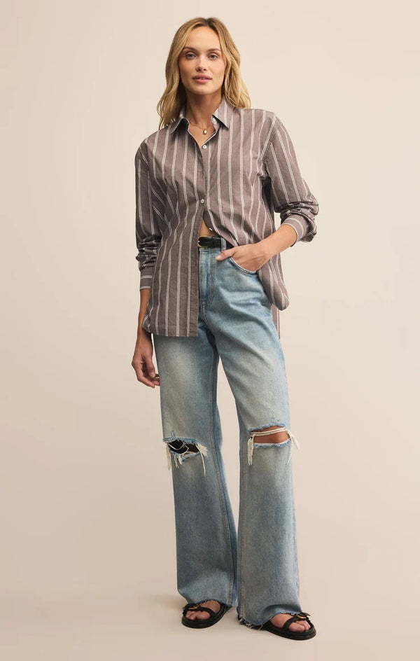 Seaport Striped Poplin Shirt - Sandalwood