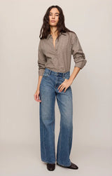 On Duty Gingham Button Up Top - Dark Chocolate