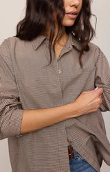 On Duty Gingham Button Up Top - Dark Chocolate