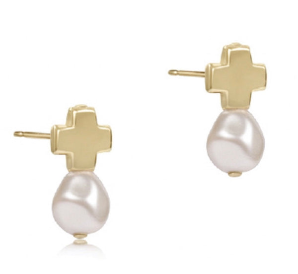 Signature Cross Gold Stud + Pearl Earrings