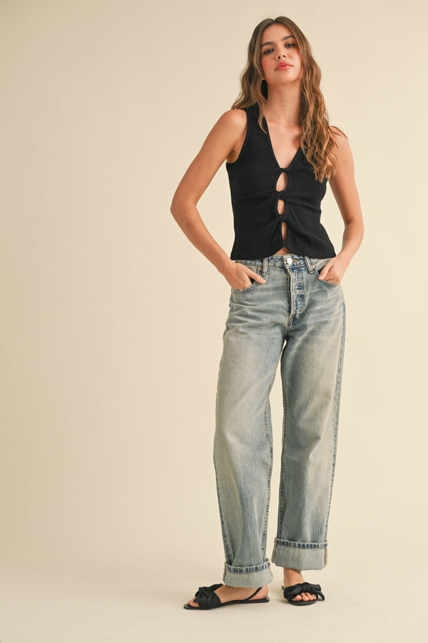 Black Ribbed Twist Front Tank