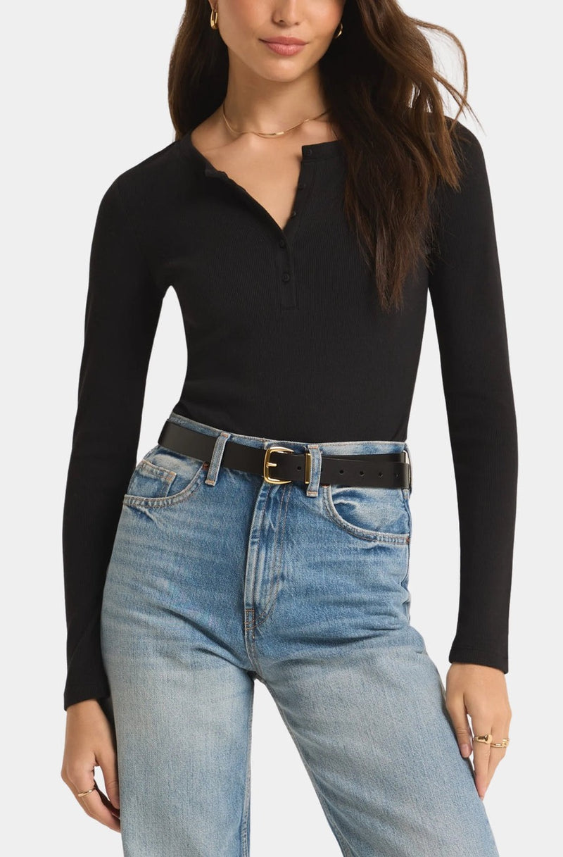 Samara Rib Henley Bodysuit - Black