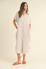 Stone Double Gauze Button Down Shirt Dress