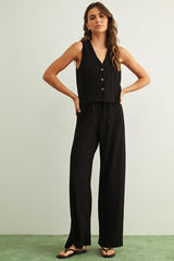 Newport Crinkled Button Top - Black