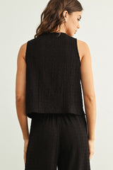 Newport Crinkled Button Top - Black