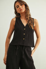 Newport Crinkled Button Top - Black