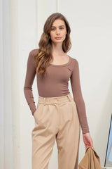 Scoop Neck Long Sleeve Top - Mocha