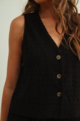 Newport Crinkled Button Top - Black