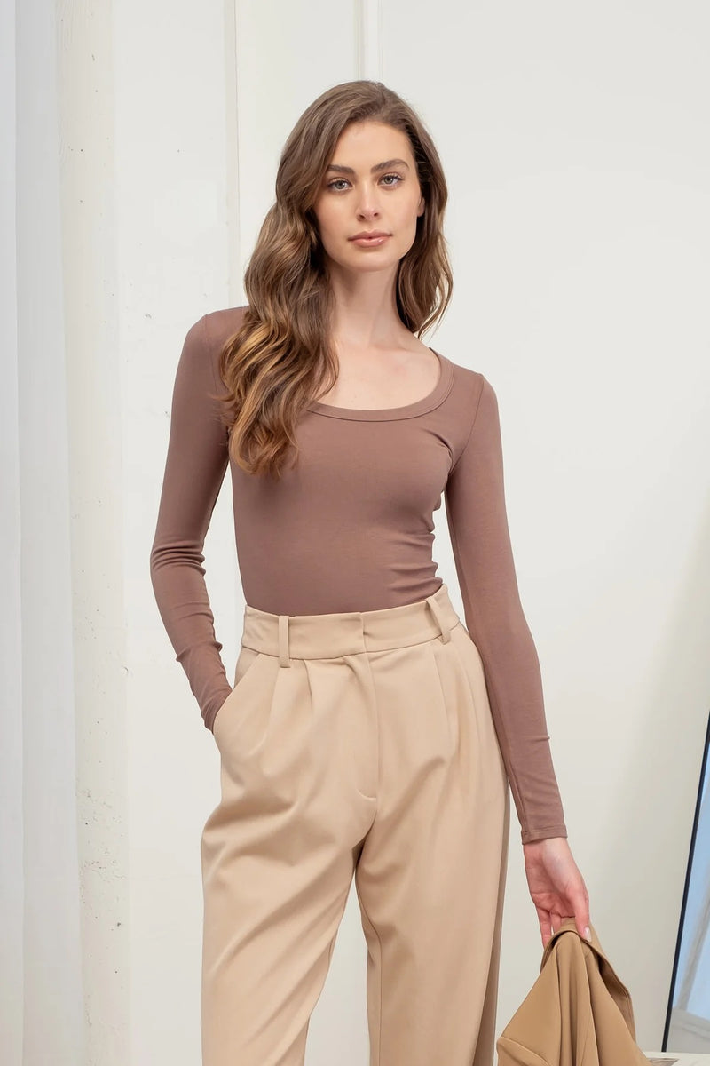 Scoop Neck Long Sleeve Top - Mocha