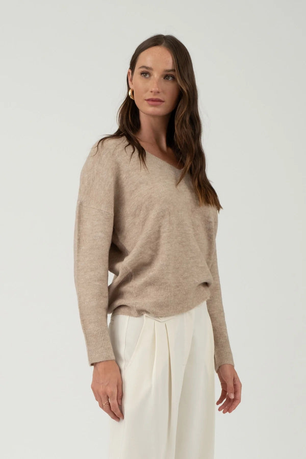 V-Neck Knit Sweater - Taupe