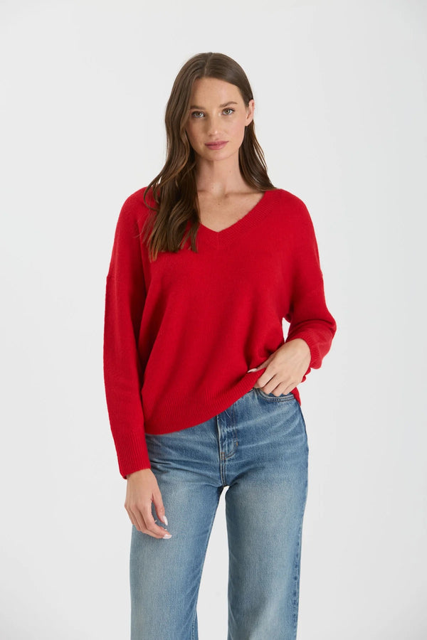 V-Neck Knit Sweater - Red