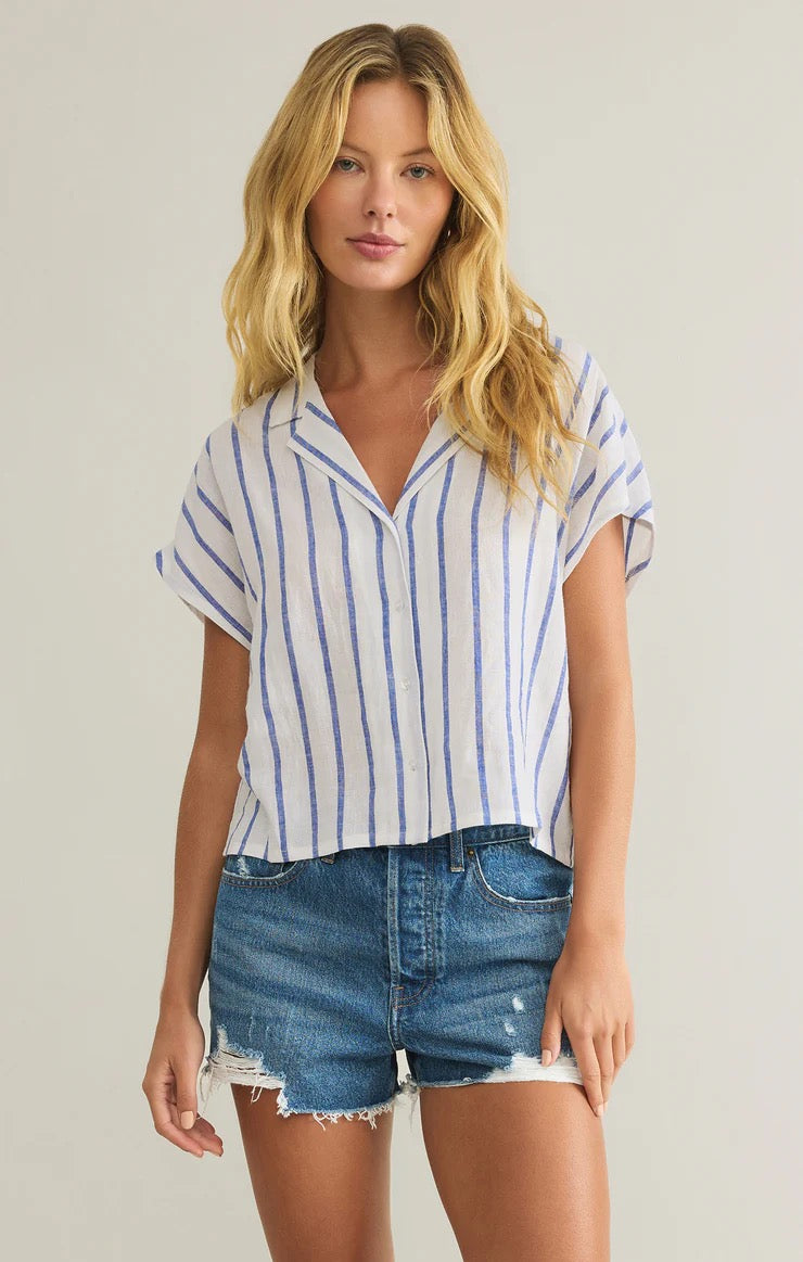 Parallel Striped Linen Top - Pacific Blue