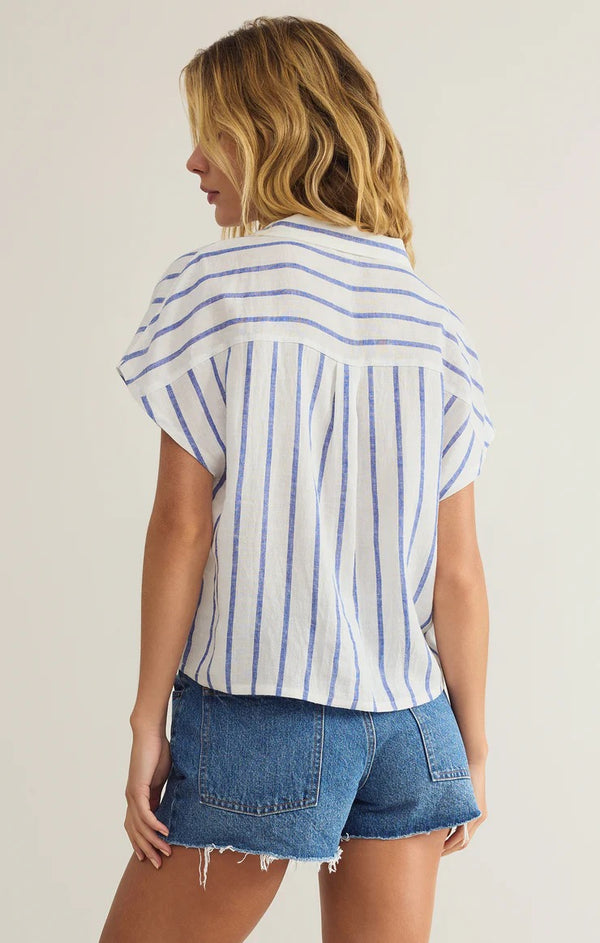 Parallel Striped Linen Top - Pacific Blue