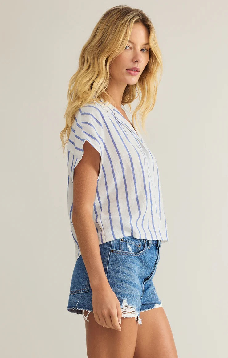 Parallel Striped Linen Top - Pacific Blue