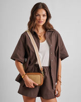 Avery Raffia Small Crossbody - Natural Raffia + Cognac