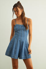 Abbie Paneled Washed Denim Romper