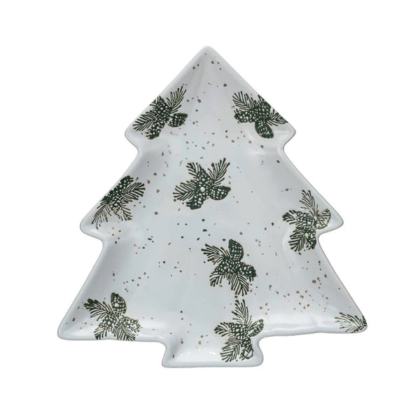 Stoneware Tree Plate - White + Green with Holly