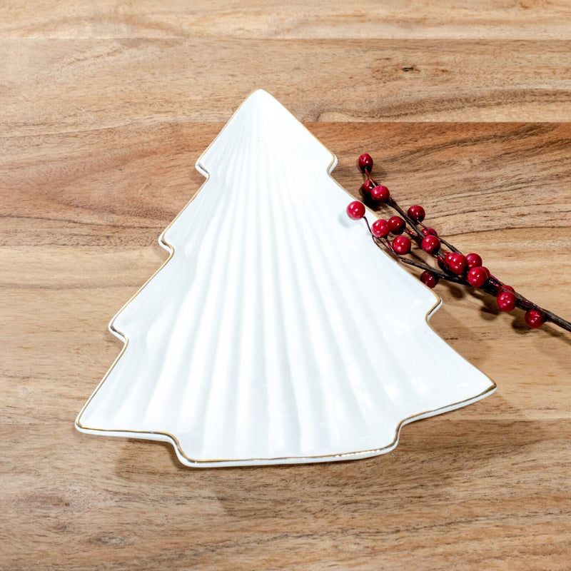 White + Gold Ceramic Christmas Tree Plate