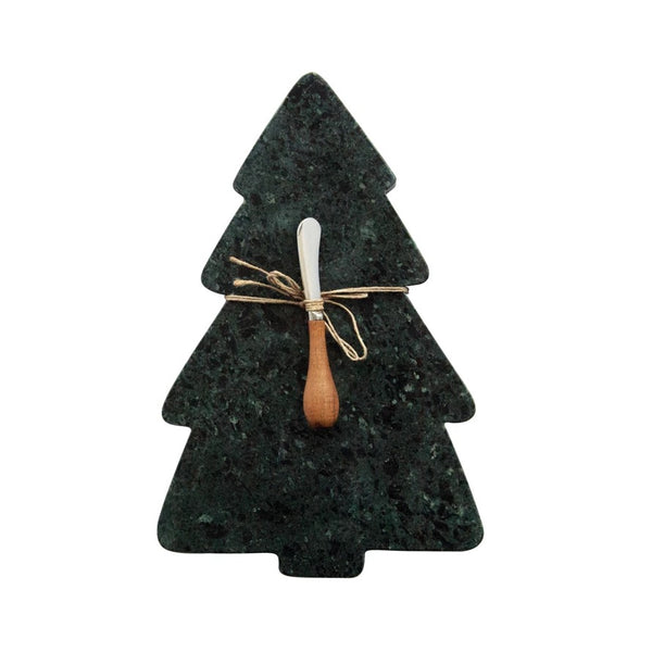 Green Marble Tree Shaped Board + Cheese Knife Set