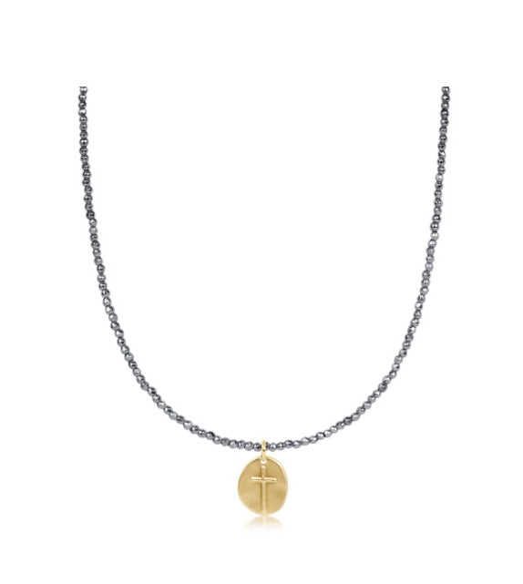 17" Choker Silver Faceted Hematite 2mm Necklace - Inspire Small Gold Charm