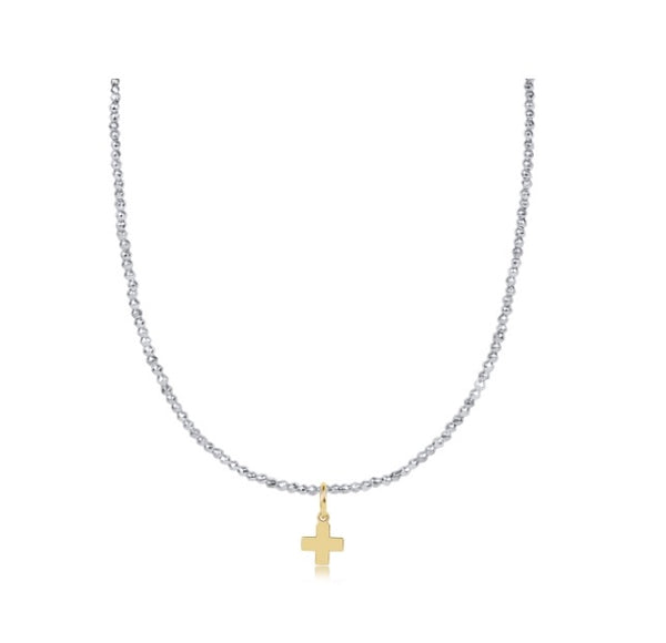 17" Choker Bright Silver Faceted Hematite 2mm Necklace - Signature Cross Gold Charm