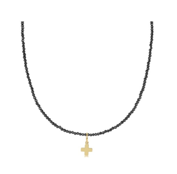 17" Choker Faceted Hematite 2mm Necklace - Signature Cross Gold Charm
