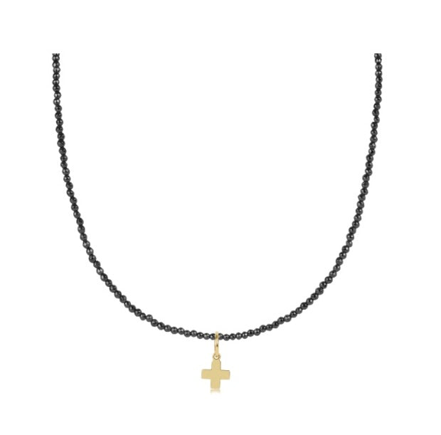 17" Choker Faceted Hematite 2mm Necklace - Signature Cross Gold Charm