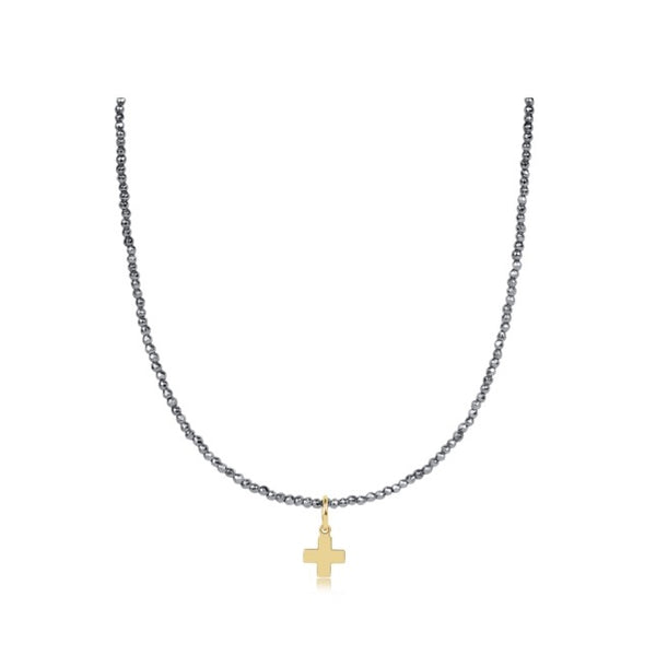 17" Choker Silver Faceted Hematite 2mm Necklace - Signature Cross Gold Charm