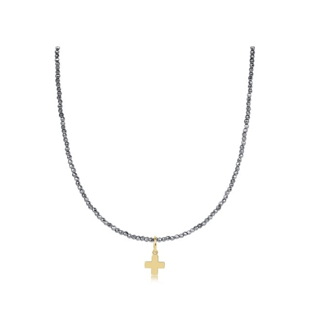 17" Choker Silver Faceted Hematite 2mm Necklace - Signature Cross Gold Charm