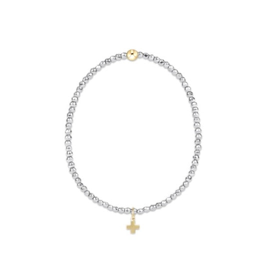 Bright Silver Faceted Hematite 2mm Bead Bracelet - Signature Cross Gold Charm