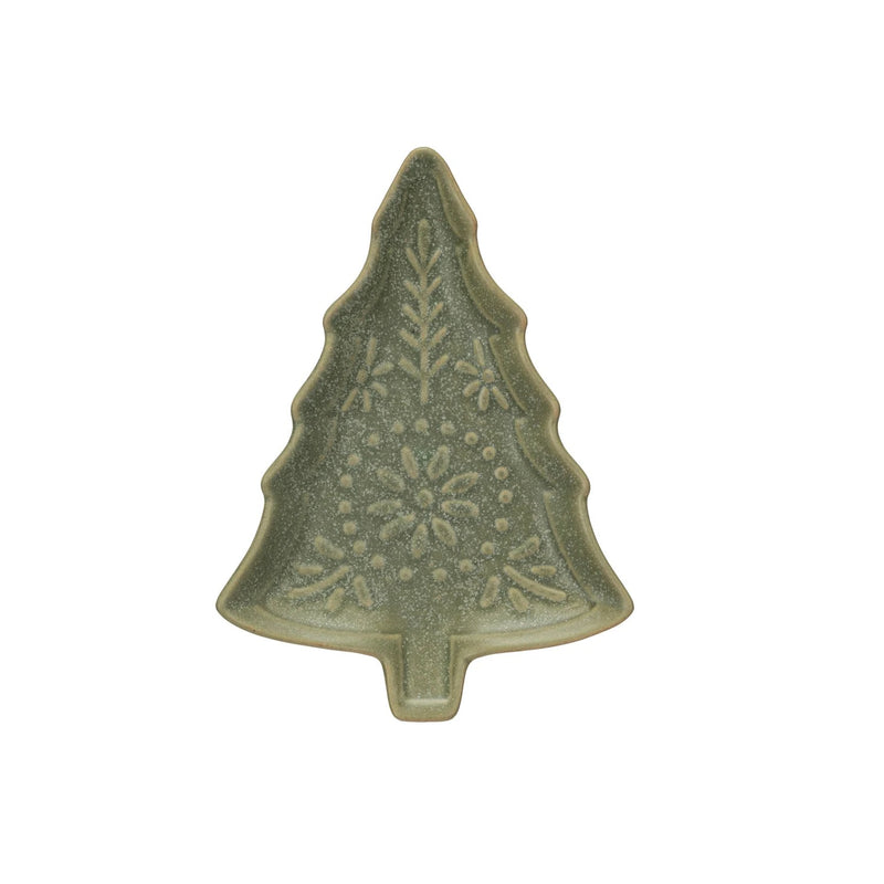 Matte Green Stoneware Tree Dish