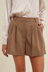 Mocha Twill Pleated Shorts