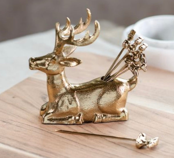 Gold Reindeer Toothpick Holder + Picks